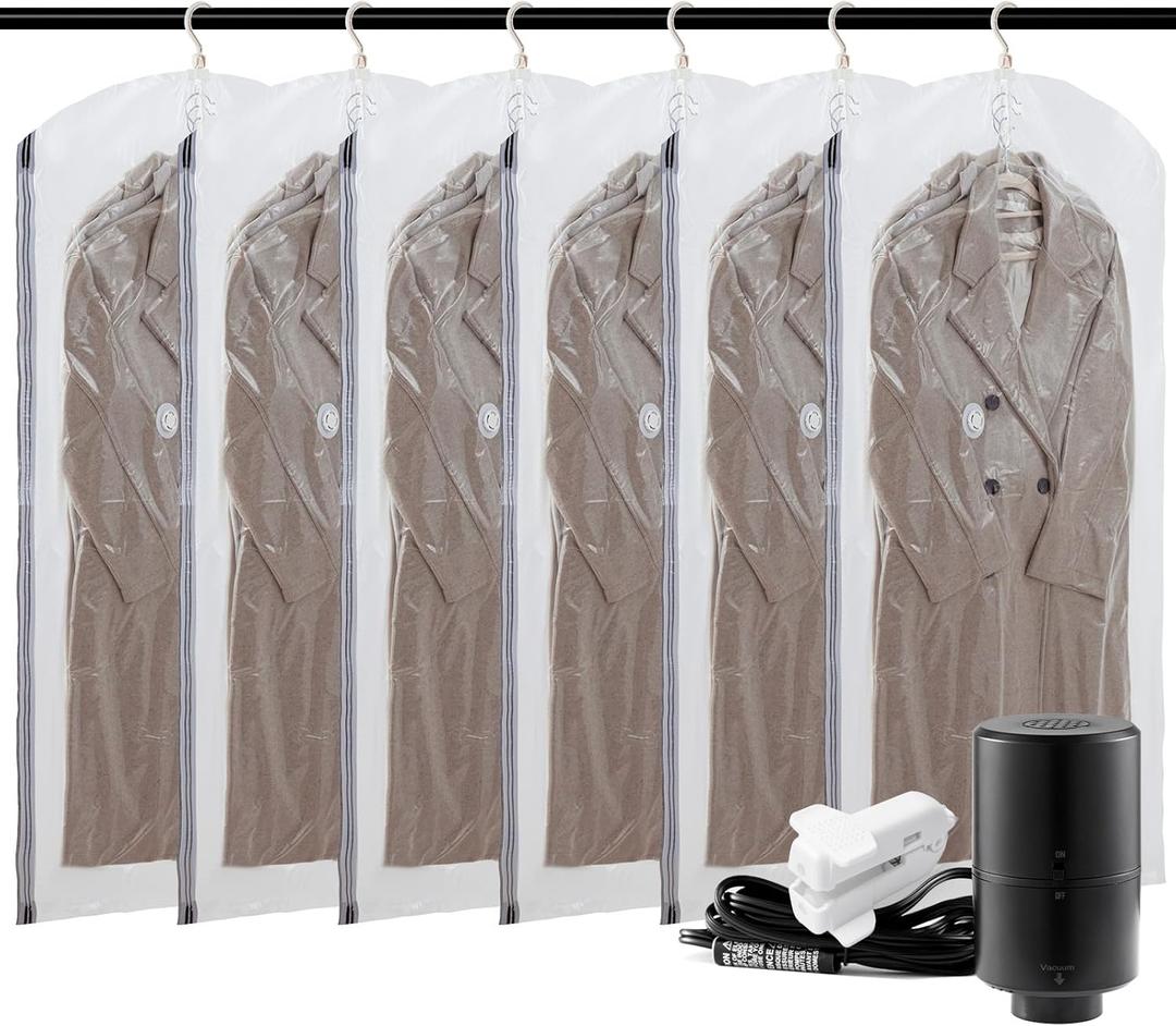 AILI Hanging Vacuum Sealer Suction Space Saver Storage Bags for Clothes Travel with Electric Air Pump And Rolling Slide Clip for Coats, Closet Organizers, 6 Long (Transparent)