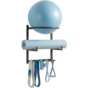 Wall Mounted Yoga Ball and Mat Holder, Space-Saving Home Gym Organizer and Storage Rack Fits 55-75cm Stability Ball with 5 Hooks for Resistance Bands and Equipment