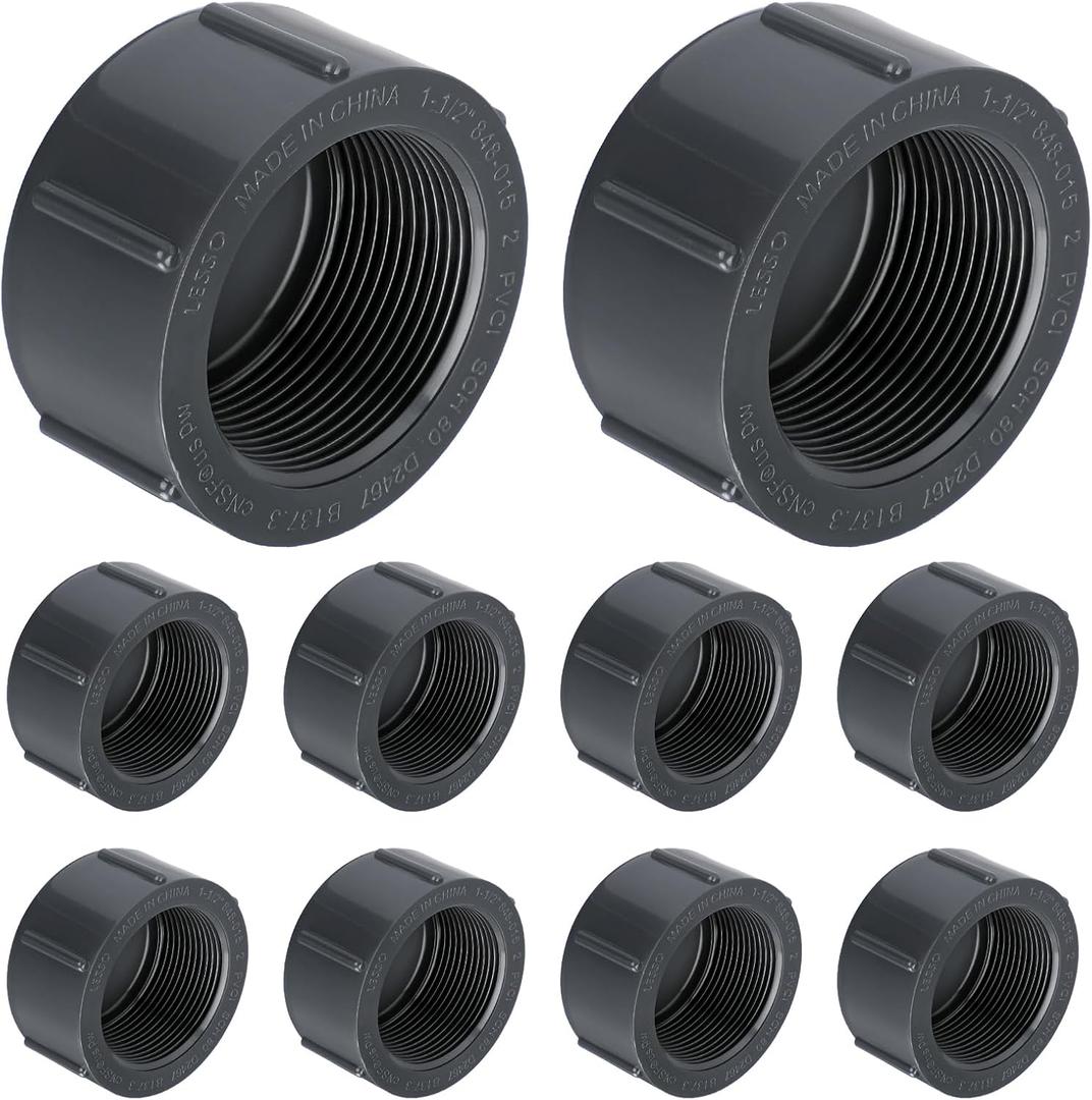 Novabright 10 Pcs 1-1/2" PVC Pipe Fitting Npt Female Cap Schedule 80 PVC Cap for Irrigation DIY Projects, Plumbing Repair Easy to Install High Tensile for Home or Industrial Use Grey