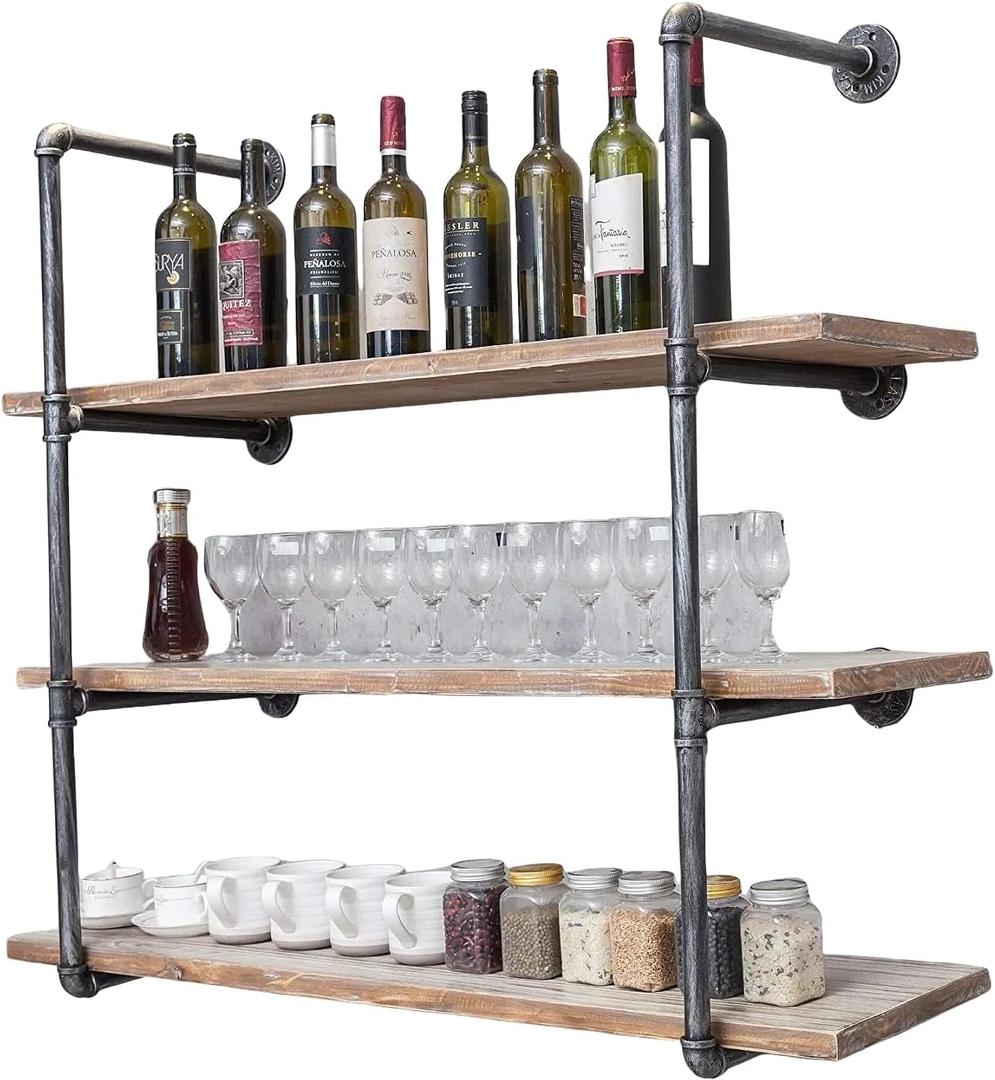 Industrial Wall Mounted Iron Floating Pipe Shelves/Shelving/Racks/Storage/Bookcases/Brackets, DIY Open Bookshelves/Shelving for Kitchen/Office, Retro Black, (4-Tier Shelf Brackets, Not Include Planks)