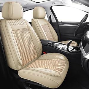 Chezope Car Seat Covers Full Set, Beige Leather Seat Covers, Breathable Front and Back Car Seat Protectors, Wear-Resistant Seat Covers Universal Fit for Most Cars SUV Truck (Beige-Stripes-B, Full Set)