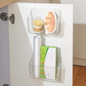 2 Pack Adhesive Cabinet Door Organizer, Compact Kitchen Under Sink Organizer, Clear Lid Storage Container for Pantry Shelves, Wall Mounted Bathroom Shower Caddy Hanging Closet Organizer