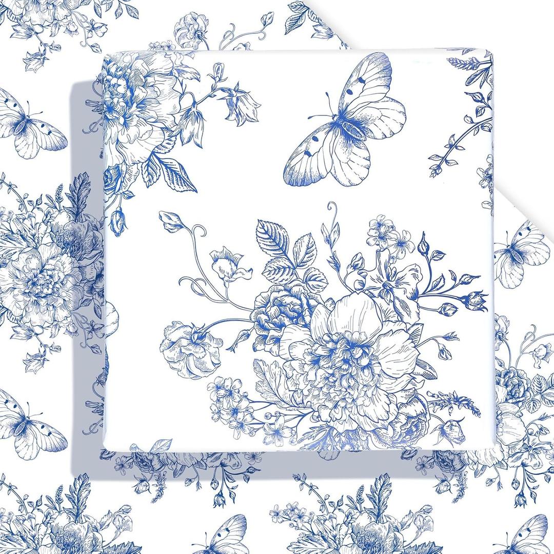 12 Sheets 28 * 20 Inches Vintage Floral Wrapping Paper Retro Flowers Butterfly Patterned Gift Wrap Paper Chinoiserie Art Paper for Birthday Wedding Bridal Shower Tea Party DIY Craft (Blue)