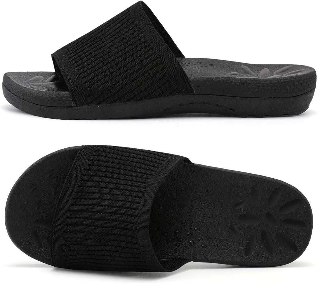 XIHALOOK Womens Knit Slides Ladies Yoga Mat Sandals Slip On Thick Cushion Slippers with Arch Support Casual Outdoor Indoor Walking Shoes Black, Size 10.5