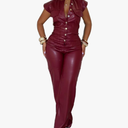 Molilove Womens Leather Jumpsuit Sexy Sleeveless Button Top Bodycon Jumpsuit Faux Leather Cargo Pants Romper Party Clubwear L