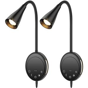 SANKEDOU LED Wall Mount Reading Light, Bedside Reading Lights with Touch Control, 5 Dimmable, USB Output, Night Light & Timers, Flexible Gooseneck Headboard Bed Lights Wall Sconce
