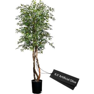Cypress & Alabaster Handmade 6.5ft Mediterranean Olive Artificial Tree with Ethically Sourced Real Wood Trunks, Hypoallergenic, 6.5-Foot, Green