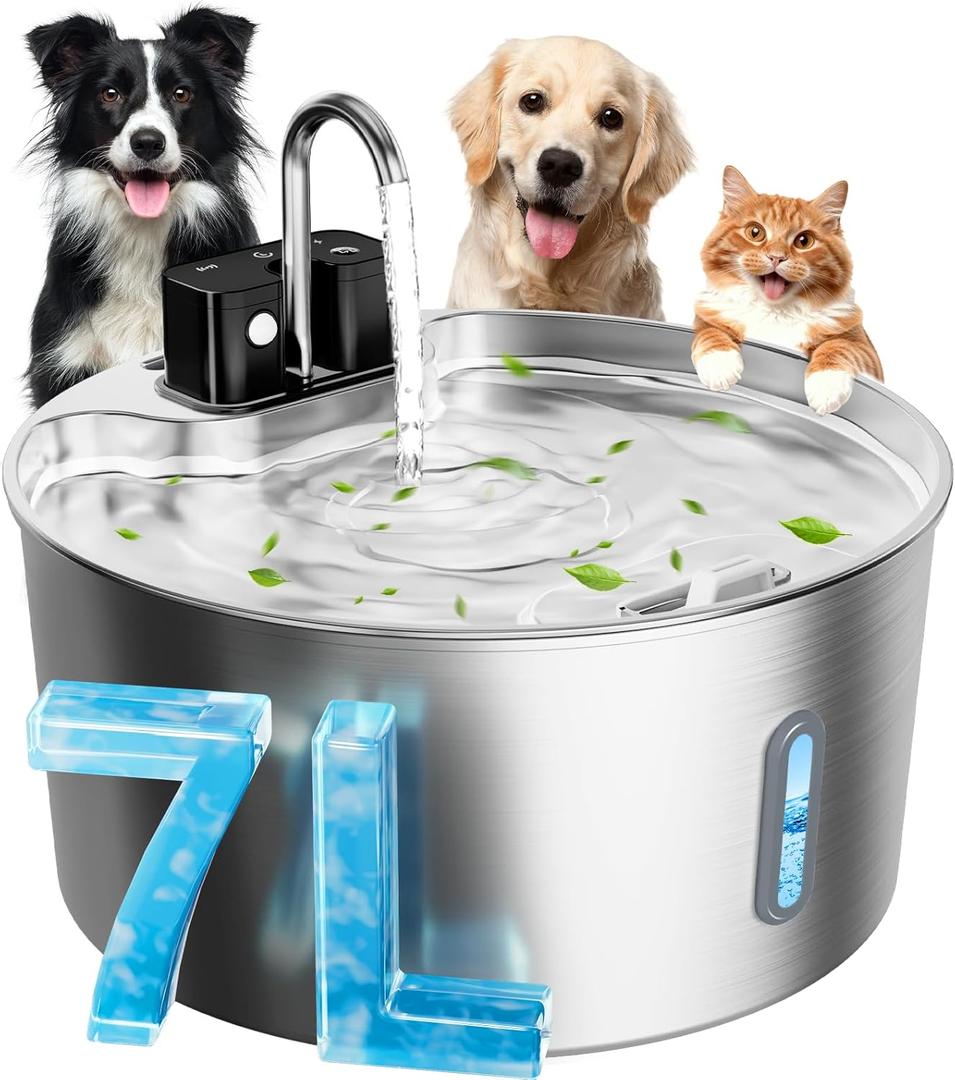 Dog Water Fountain for Large Dogs, 7L/1.8Gal 4200mAh Cordless Dog Water Dispenser, Stainless Steel Automatic Pet Water Fountain Indoor/Outdoor with Ultra-Quiet Pump Multi-Filter, Easy Clean