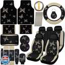 BBTO 47 Pcs Butterfly Car Seat Full Set Butterfly Car Accessories for Women 5 Front Rear Seat Covers Wrist Strap 2 Pieces Cup Mat Armrest Pad 2 Belt Cover Accessories for SUV(Cream-ColoredBlack)