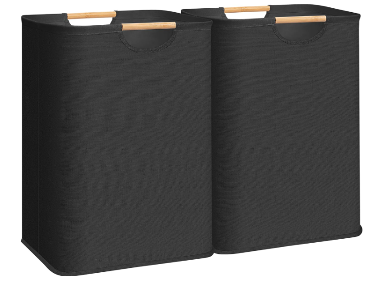 STORAGE MANIAC 2Pack Large Laundry Hamper, 80L (21.1 Gal) Collapsible Laundry Basket with Bamboo Handles, Freestanding Waterproof Clothes Hamper for Laundry Room, Bedroom, Dorm, Towels, Toys, Black