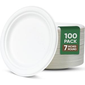 TaidMiao 7-Inch White Paper Plates 100 Pack - 100% Compostable Dessert Plates | Leakproof Disposable Plates for Party, Microwave Safe & Oil Resistant, Eco-Friendly Small Dinnerware (100 Count)