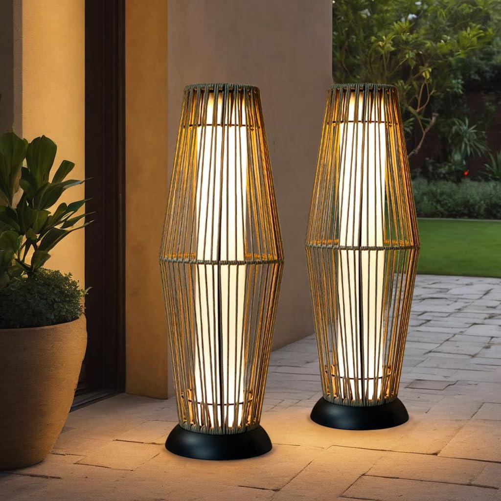 TRIROCKS Outdoor Floor Lamp 2 Piece Solar Powered Lantern Wicker Solar Patio Lamp with Olifen Rope Waterproof Rattan Outside Solar Deck Light for Patio Garden Lawn Yard (Grey)