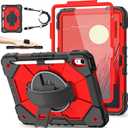 Case for iPad 10th Generation 10.9 Inch 2022 / iPad A16 Case 11 Inch 2025 with Screen Protector 10th Gen Cover for Kids Pencil Holder 360 Rotating Stand Shoulder Strap, Black Red