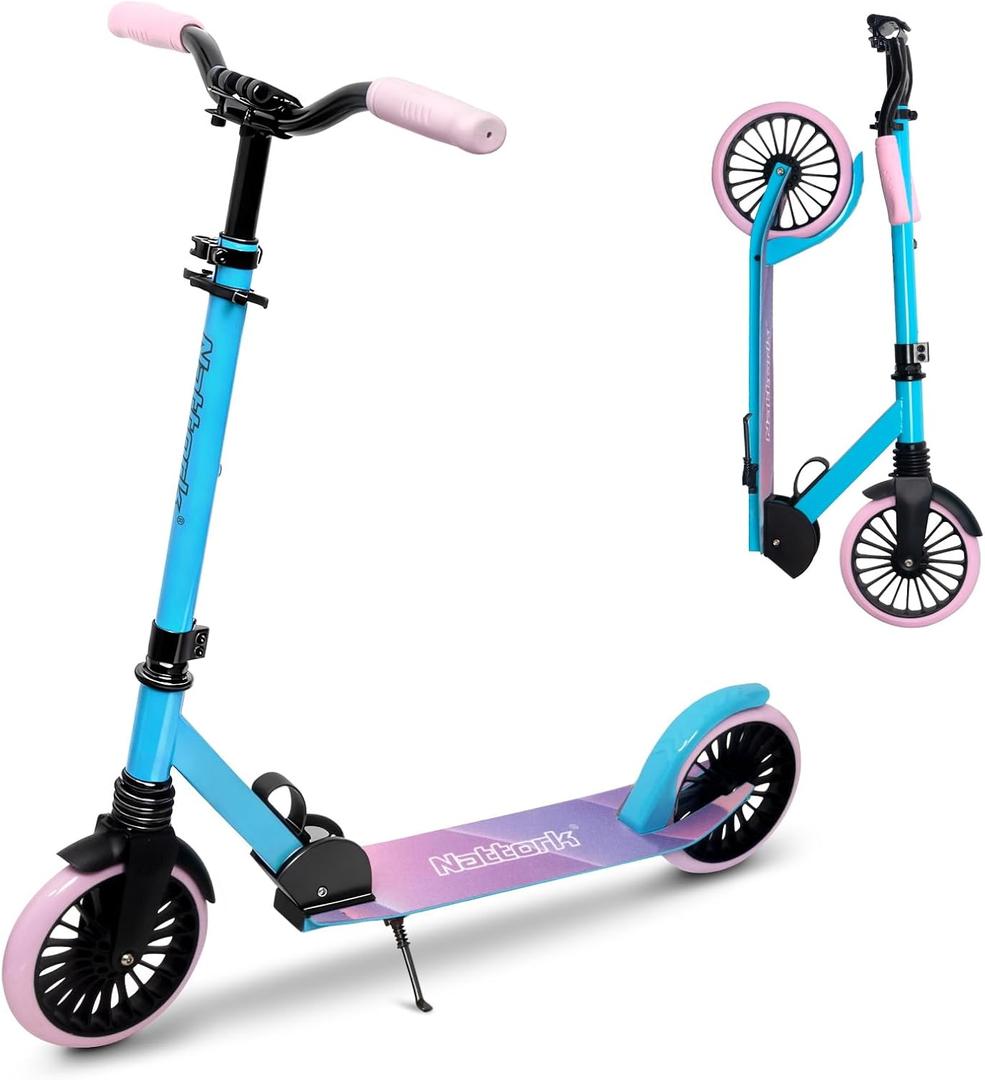 Nattork Kick Scooter for Age 6+ Kids Teens Adults, Max Load 240 LBS, Adjustable Height Foldable with 8" Large Wheels, Anti-Shock Suspension