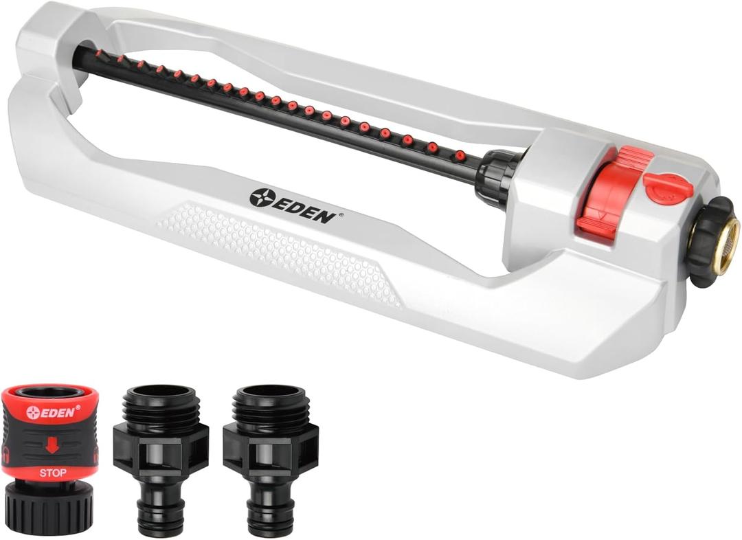 Eden 94111 Heavy Duty Metal Oscillating Sprinkler, Covers Up to 3,328 sq. ft., 20 Precision Nozzles, Flow Control, Adjustable Range, Quick Connect Bundle, Silver, Red, Black