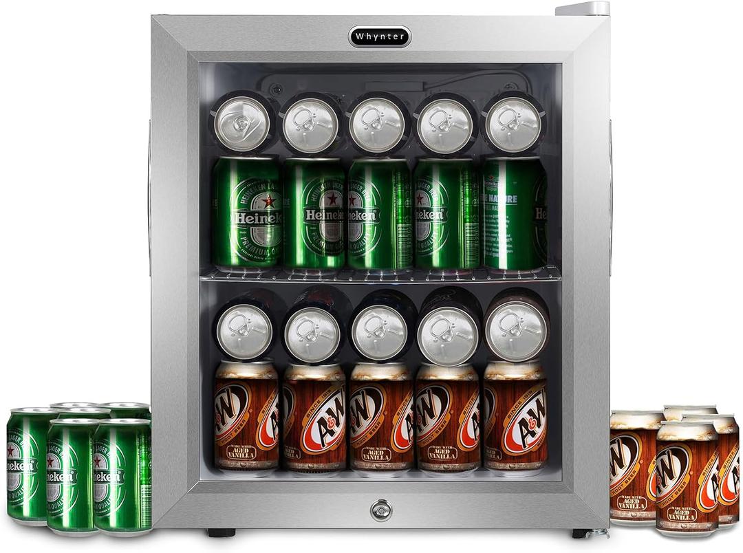 Whynter Beverage Refrigerator with Double-Layer Glass Door, 68-Can 1.6 Cu Ft Freestanding Drink Mini Fridge, BR-062WS, Stainless Steel