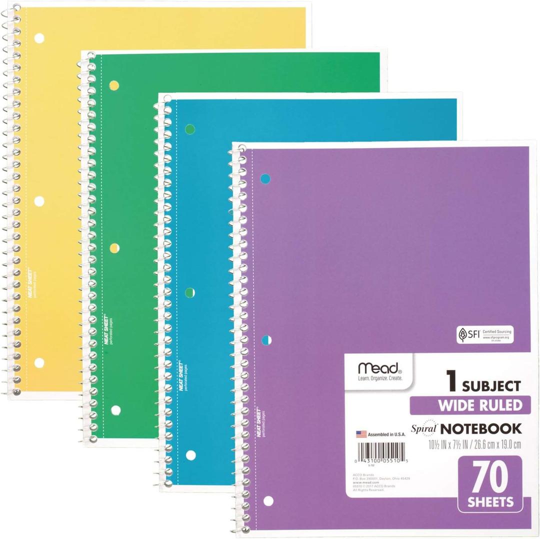 Mead Spiral Notebook, 4 Pack, 1 Subject, Wide Ruled Paper, 7-1/2" x 10-1/2", 70 Sheets per Notebook, Colors Will Vary (930200-ECM25)