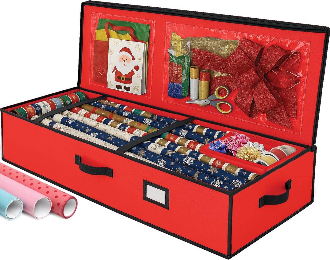 2 x Christmas Wrapping Paper Organizer Storage Box, Straps/Pockets, 40" Heavy-Duty Gift Wrap Storage Holder for Bags, Bows, Tags, Ribbons, Holiday Decorations, Fits Up to 24 Rolls Underbed Container (Red)