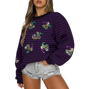 ASTANFY Womens Mardi Gras Sweatshirt Carnival Sequin Purple Sweater Masks Graphic Shirt Crewneck Long Sleeve Tops (L)