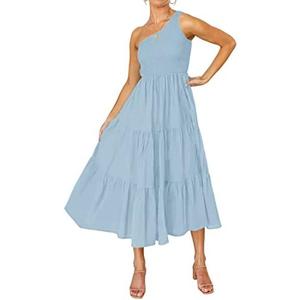 ZESICA Women's 2025 Bohemian Summer Floral Print One Shoulder Sleeveless Smocked Ruffle Tiered Beach Long Midi Dress, Small