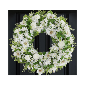 White Faux Silk Flower Spring Summer Easter Wreath 24-26" for Front Door – Anemone Daisy Tagetes Erecta Green Eucalyptus and Fern Leaves – Farmhouse Front Porch Wreath, Outdoor Indoor Use