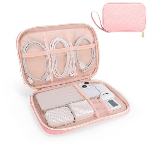 Electronics Organizer Travel Case, Charger Bag Cord Organizer Travel, Compact Tech Pouch Cable Organizer Bag for Charger, Cords, Phone, Headphones, Flash Drive, SD Card (Pink, Small-Single Layer)