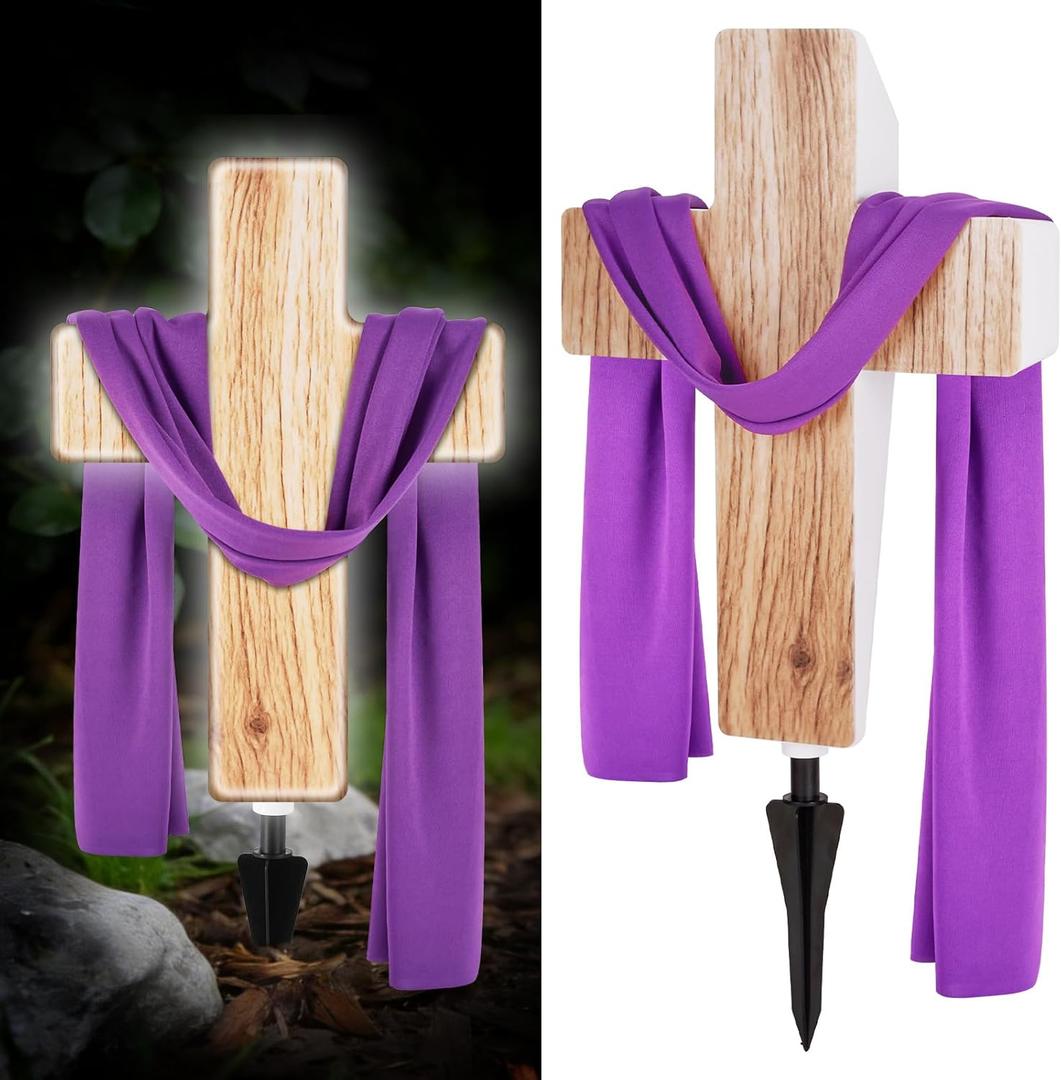 He Is Risen Solar Cross Easter Decorations for Home Outside Lighted Wood Grain Stake with 59" Purple Scarf Religious Christian Memorial Sign for Cemetery Grave Garden Yard Holiday Patio Lawn