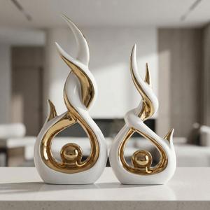 LCCCK White and Gold Abstract Ceramic Sculpture Set of 2 Modern Electroplated Figurines Decorative Statues for Living Room Shelf Mantel Tabletop Home Decor Housewarming Gift