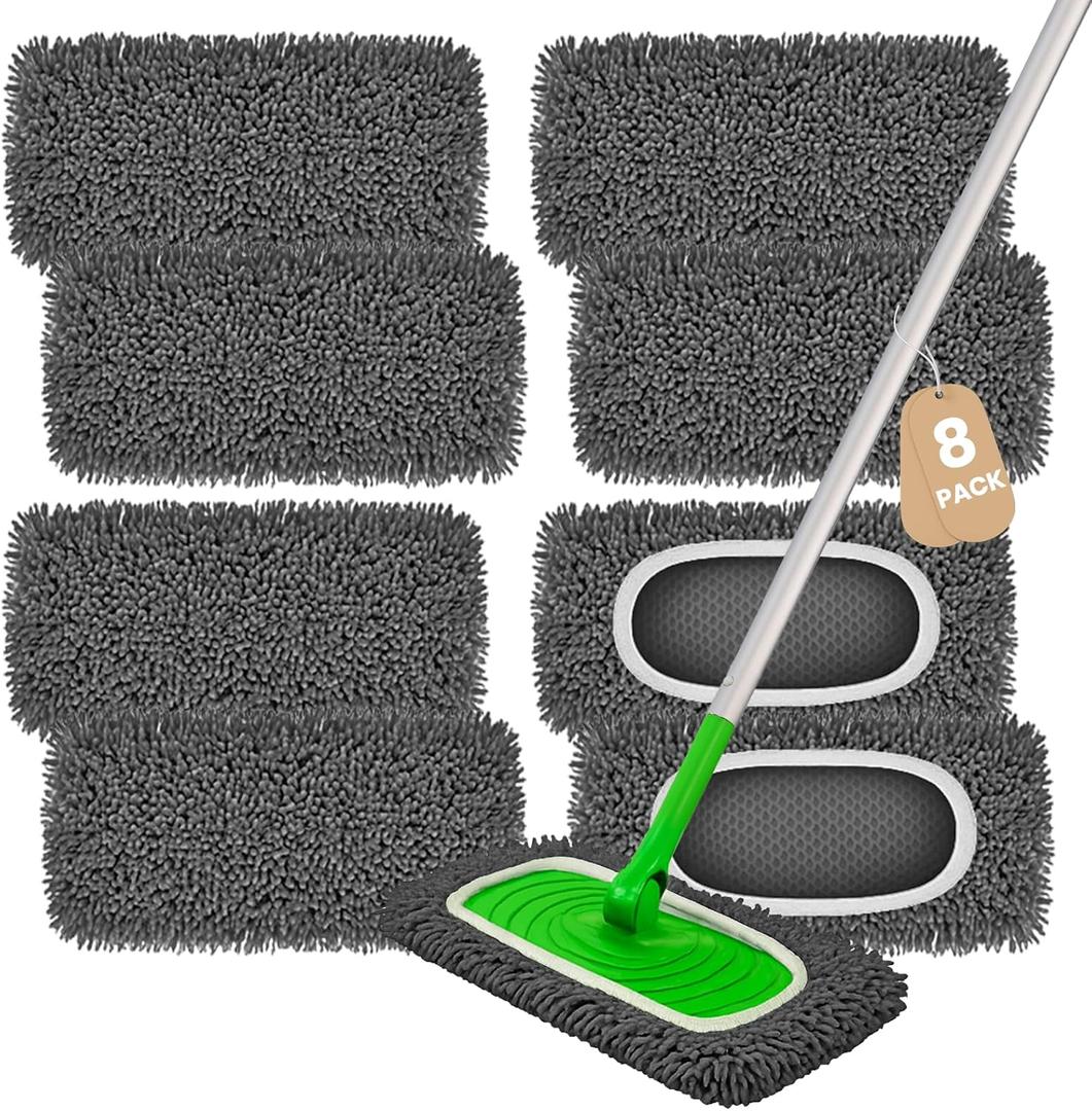 8 Pack Chenille Mop Pads, Reusable Microfiber Mop Refills for 10''12'' Flat Mops, Washable Wet & Dry Floor Pads for Hardwood, Tile, Compatible with Swiffer Sweeper(Gray)