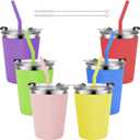 Kids Cups with Lids and Straws, 12oz Toddler Tumblers with Straws and Lids Spill Proof Cup for Kids Stainless Steel Sippy Cups for School, Outdoor, 6 Pack (Red,Pink,Blue,Purple,Green,Yellow)