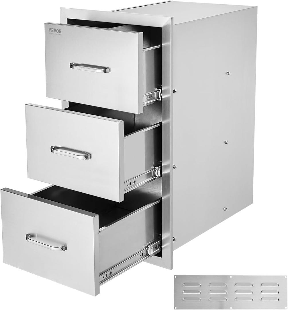 VEVOR Outdoor Kitchen Drawers, 18.5" W x 22.5" H x 22.5" D Triple Access Drawers, Stainless Steel Flush Mount Cabinets, BBQ Island Storage with Handle, for Outdoor Kitchens or Patio Grill Station
