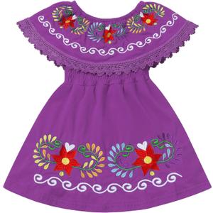 Kids Toddler Girls Traditional Mexican Off-Shoulder Floral Embroidered Drape Dress (2-3T, Purple)
