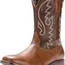 IUV Cowboy Boots For Men with Wide Square Toe Western Retro Boot Durable Classic Fashionable Embroidered Pull On Slip Resistant Boots (9.5, Dark Brown)