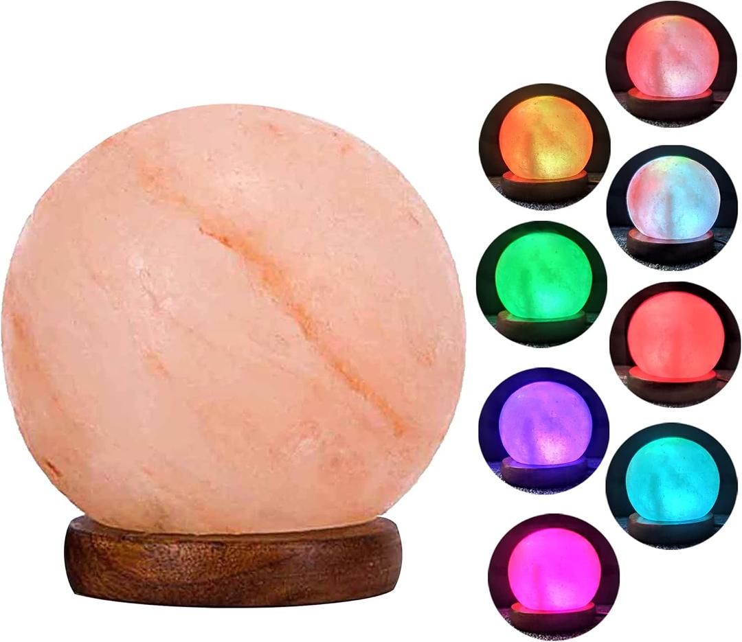 USB Himalayan Salt Lamp with 8 Colors Changing,Lovely Round Crystal Salt Rock Lamp for Living Room,Home Deco,Office,Yoga,Holiday Gift - Hand Carved,Genuine Wood Base
