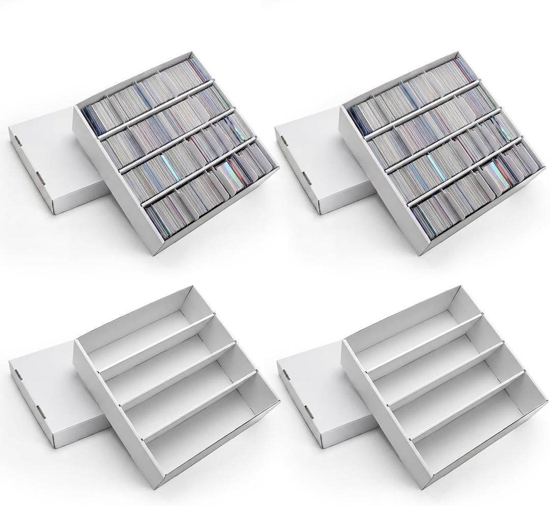 RLAVBL 4 Pack Trading Card Storage Box, 3200 Count Cardboard Card Boxes with Dividers for Sports, MTG, TCG, Toploader, 4 Row