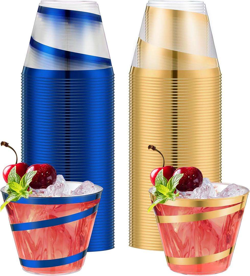 Gejoy 9 oz Rimmed Swirl Plastic Cups Disposable Wine Drinking Cups Clear Elegant Easter St Patrick Tumblers for Wedding Party Supplies(100 Pcs,Gold, Blue)