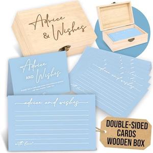 WOODAMORE Advice and Wishes Cards Box - 50 Pcs Blue Wedding Advice Card for Bridal Shower, Baby Shower Advice Cards, Double Sided Advices and Well Wishes Box for Graduation, Christmas, Birthday Party