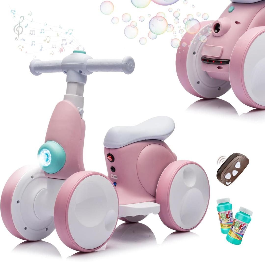 JoyRydz 6V Electric Baby Balance Bike with Bubble Machine,4 in 1 Toddler Balance Bike w/Remote Control for 1 Year Old Boys Girls Kids Bubble Bike Ride on Toys w/Powered Motor, Music, LED Lights (Pink)