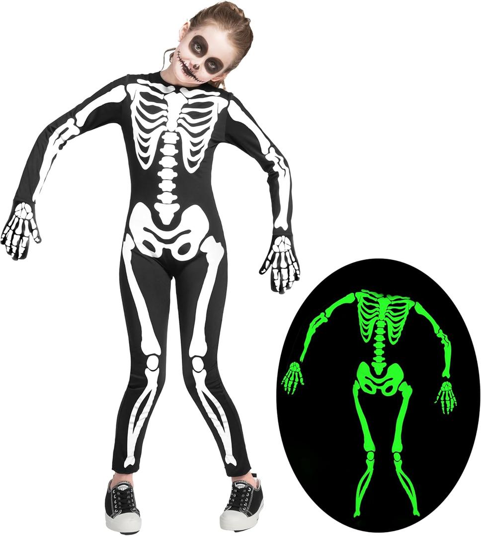 Spooktacular Creations Halloween Kids Skeleton Costume, Unisex Glow in the Dark Skeleton Jumpsuit with Gloves for Boys, Girls (Toddler(3-4 yrs))