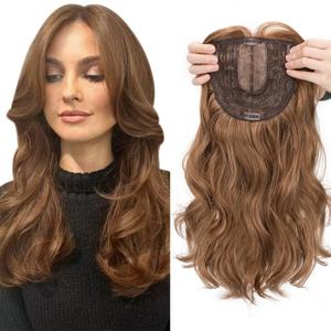 S-noilite Synthetic Clip-in Hair Toppers with Bangs for Women with Thinning Hair - 18 inch Dark Auburn Blonde Wavy Toppers - 6x6 Large Base Wiglets
