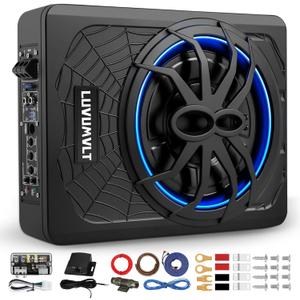 1200W 10" Car Subwoofer, Slim Under Seat Powered Subwoofer and Amp Package, High/Low Level Input, Car/Truck Audio Sub Built-in Amplifier amp Combo Package, with Blue LED Light