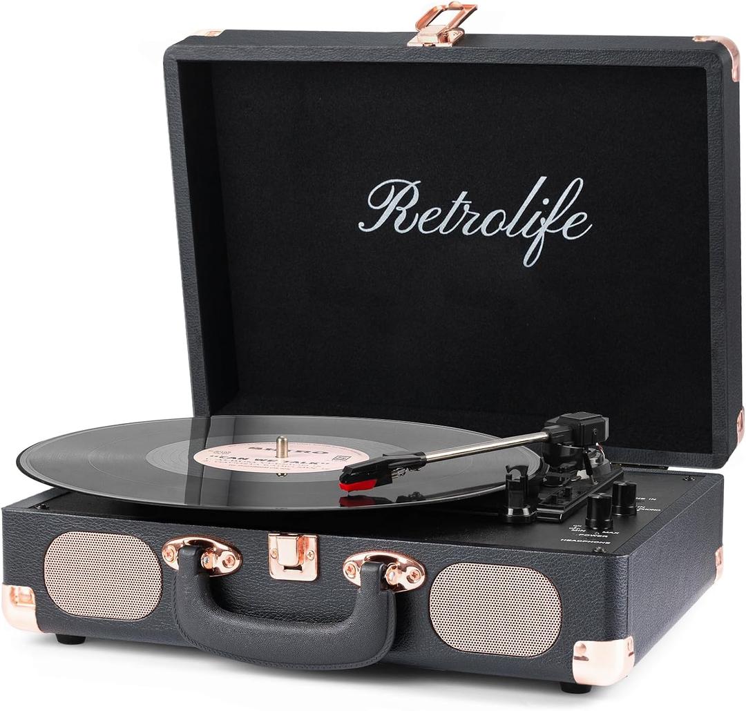 Record Player Wireless Portable Suitcase Vinyl Player with Built-in Speakers Retro Style Record Player for Vinyl Records 3-Speed RCA Line Out AUX in Vintage Turntable Upgrade Black
