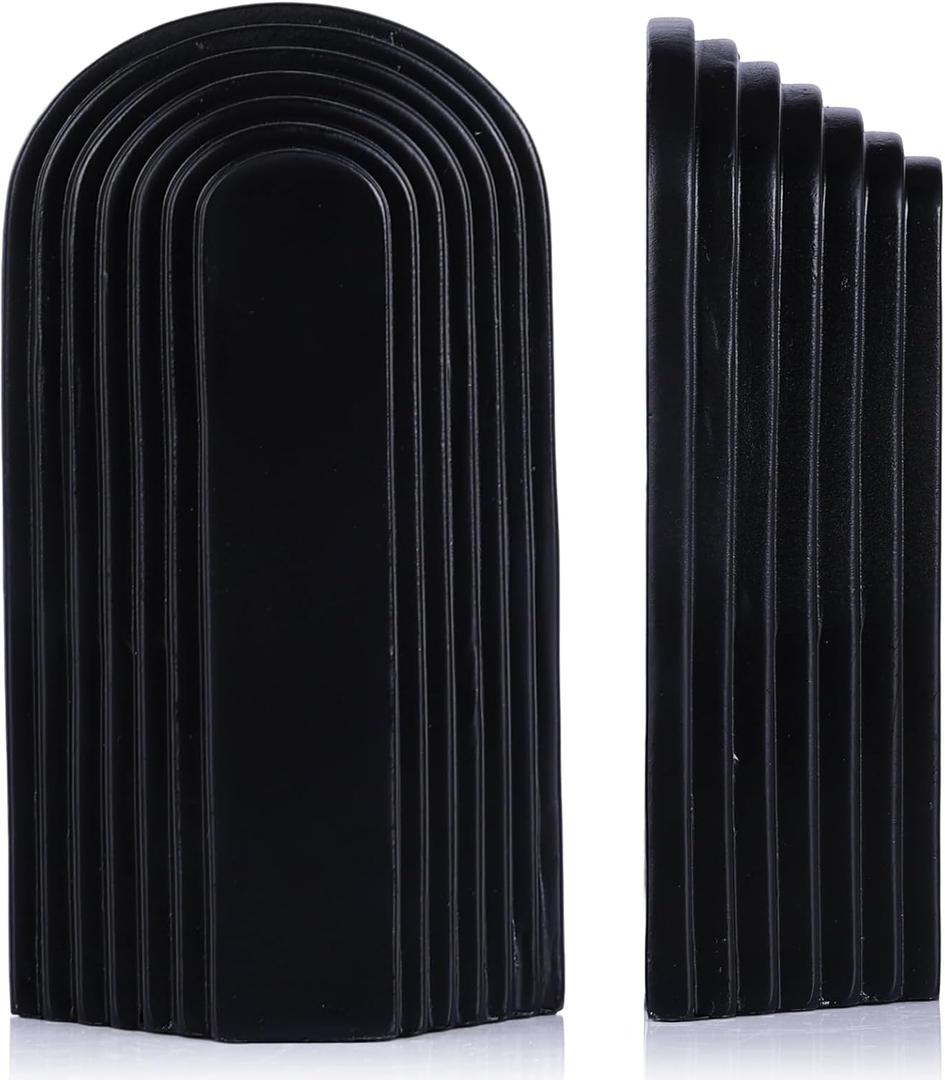 Heavy Duty Book Ends for Shelves, Set of 2 Resin Decorative Bookends for Heavy Books, Layered Arch Book Stoppers, Modern Minimalist Bookshelf Decor, Matte Black Finish for Office and Home Use