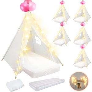 6 Pack Sleepovers Teepee Tent for Kids Bulk with Mattress Sheet Light,Natural Cotton Washable Indoor Play Tent for Birthday Slumber Party Girls Boys Pajama Movie Night Supplies(White)