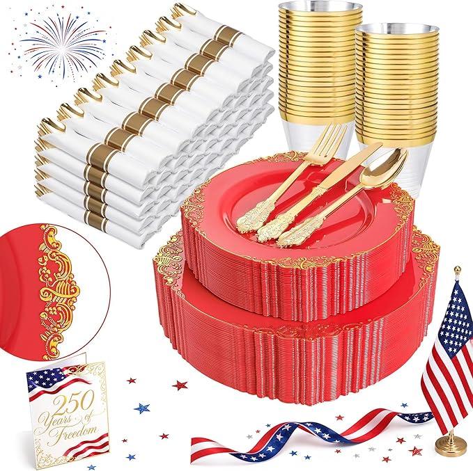 Nervure Plastic Plates 25pcs Dinner Plates 25pcs Dessert Plates 25pcs Rolled Napkins With Cutlery 25pcs cups