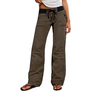Flamingals Straight Leg Pants for Women Drawstring Waist Mid Rise Casual Solid Seam Detail Pants (Large, Chocolate)