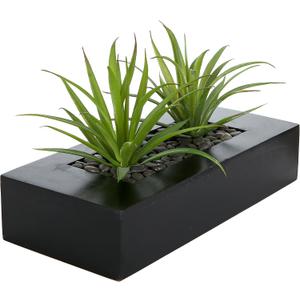 MyGift 10 Inch Fake Grass Artificial Plants in Rectangular Black Wood Planter - Faux Plants Indoor for Tabletop Centerpiece Dcor (9.5 Inch)