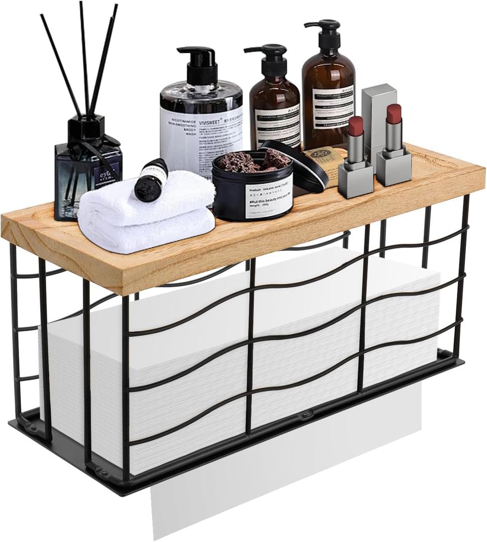 Paper Towel Dispenser, Metal Paper Towel Holder with Wood Lid, Commercial Napkin Dispenser, Tri-Fold Paper Towel Stand for Home Bathroom Kitchen, Wall Mounted & Countertop (Matte Black)