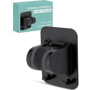 No-Drill Shower Head Holder with 2 Hooks, Matte Black | Adhesive Mount for Smooth Tile Glass Metal, Adjustable Angle, Bathroom RV Garage, Tool-Free Install