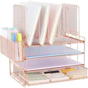 Desk Organizer with 5 Vertical File Holders, 3-Tier Paper Organizer and Drawer, Desk Accessories in Rose Gold